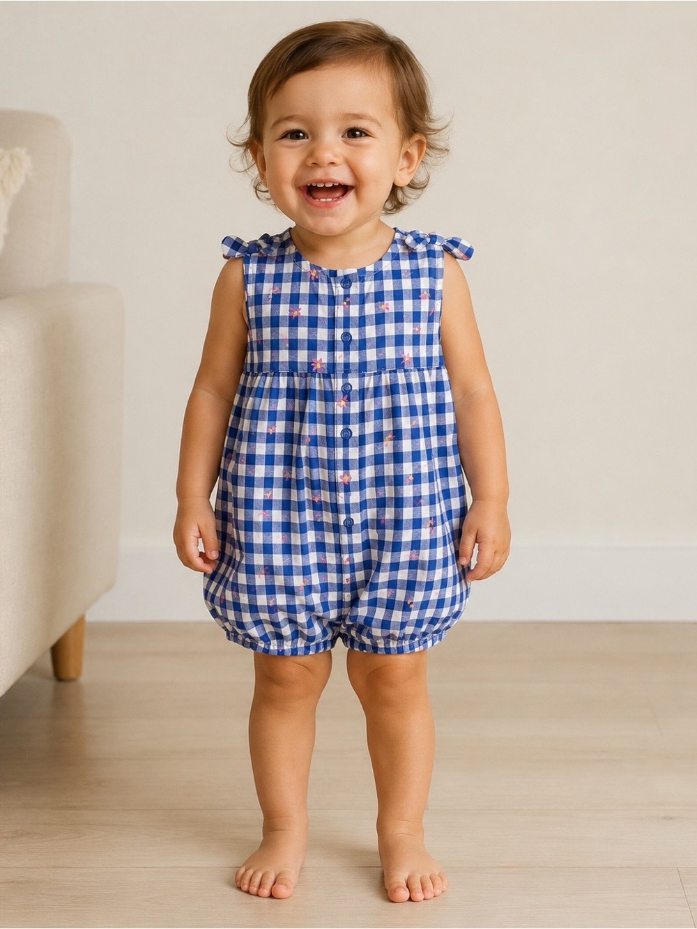 Carter's Girls Gingham Floral Romper One-Piece Blue White Sleeveless Size 24M